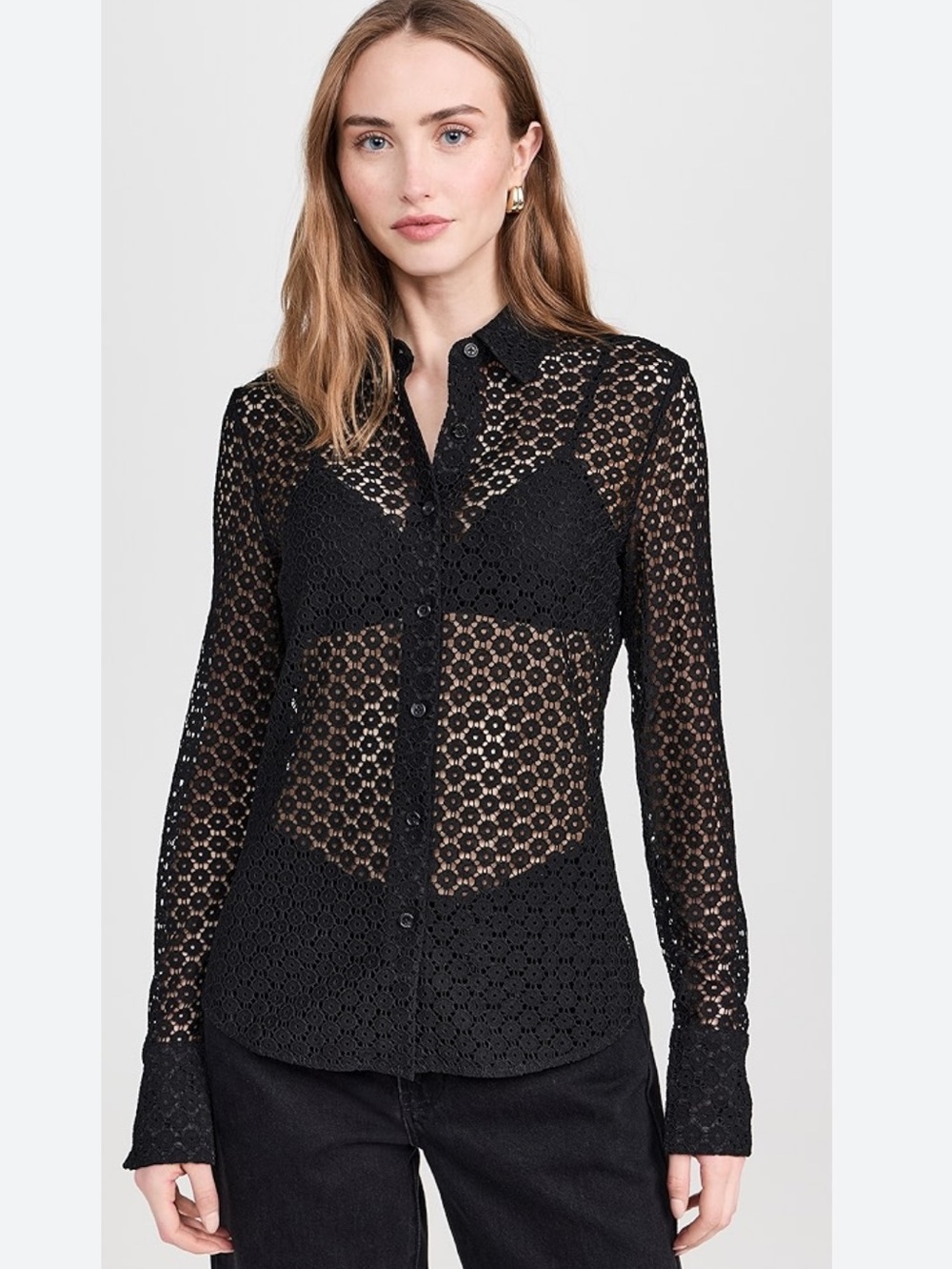 rag & bone Sheer Black Geometric Lace Button-Down Shirt